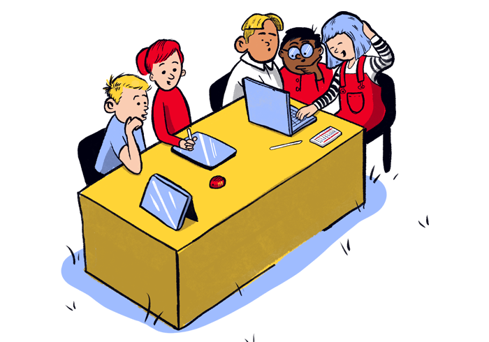 Illustration of people working together at a table.